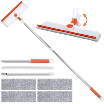 Imagen de Alyvisun Limpiacristales con Mango Extensible [132cm], Limpiar Ventanas 2 en 1 Profesional Escobilla de Silicona &amp; 4 Paños Microfibra, Kit Limpieza para Altas