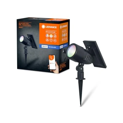Imagen de LEDVANCE SMART+ Outdoor Bluetooth Solar Gartenspieß Spot, mit regulierbarem Weißlicht (3000K 6500K) + Farblicht, ohne Strom nutzbar, bis acht Stunden Brenndauer, Schutzklasse IP44, schwarz