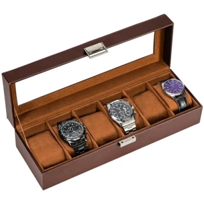 Imagen de Procase Caja de Relojes con 6 Compartimentos, Guarda Reloj Tapa Cristal y Cojín Extraíble Organizador para Hombres Mujeres Marrón