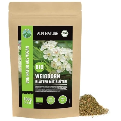 Imagen de té de espino orgánico, hojas orgánico con flores, recolección silvestre, corte 100% secado suave, seto natural (100 GR)