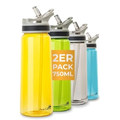 Imagen de AceCamp 2 x TRITAN Botella de Agua a Prueba Fugas sin BPA Deportiva Pajita I 750 ml Paquete Doble Amarillo 15562