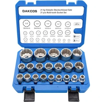 Imagen de DAKCOS 1/2&quot;Juego de 21 llaves vaso multidiente Vasos 12 caras, 8 36mm, Cr V con superficie cromado mate