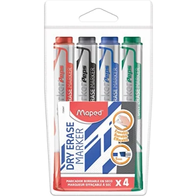 Imagen de Maped Rotuladores de borrado en seco, bolsa x 4 azul, negro, rojo, verde, punta biselada ancha 1 a 5 mm, pizarras blancas, y superficies no porosas