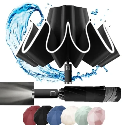 Imagen de MZSX Paraguas Plegable Automático, Antiviento, diseño de plegado inverso, Abrir y Cerrar Robusto Ligero Resistente, Golf, Adultos, Hombres Mujeres, Grande