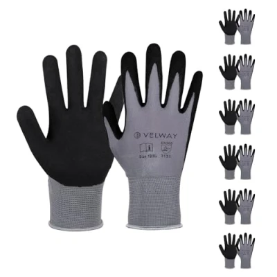 Imagen de Velway Guantes de Trabajo Alta Resistencia 6 Pares Protéccion, Fibra Nylon con Recubrimiento Goma Nitrilo, Versátiles, Protección Mecánica e Industrial, Pintura, Talla XL/10