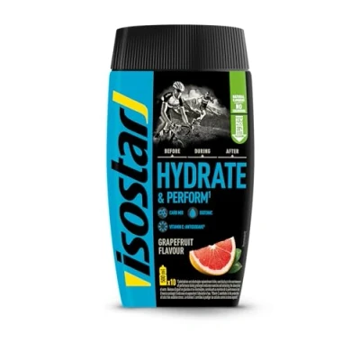Imagen de Isostar Hydrate &amp; Perform, 400 gr de Bebida Electrolítica Isotónica, Solución para Opimizar el Rendimiento Deportivo, Sabor Pomelo, 10 raciones