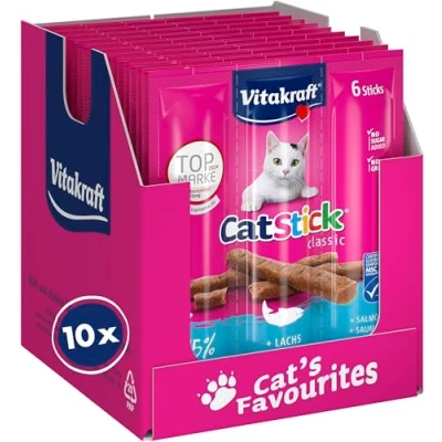 Imagen de Vitakraft Cat Stick Classic, snacks para gatos, mini palitos carnosos con salmón, barritas premio sin azúcares añadidos ni cereales, en formato de pack (10 x 6 6g)