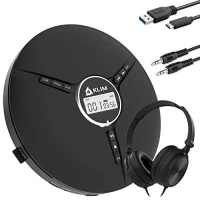 Imagen de KLIM Discman con Cascos Reproductor CD portatil batería Interna Nuevo 2024 Player Mini Compacto, Personal, Compatible R, RW y MP3 Negro