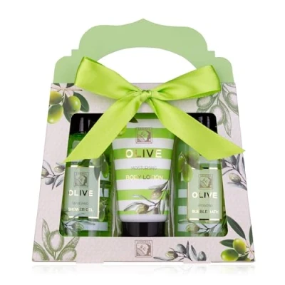 Imagen de Accentra Set de ducha OLIVE en una bonita caja regalo cuidado 3 piezas con gel ducha, loción corporal y baño burbujas bienestar para San Valentín el Día la Madre
