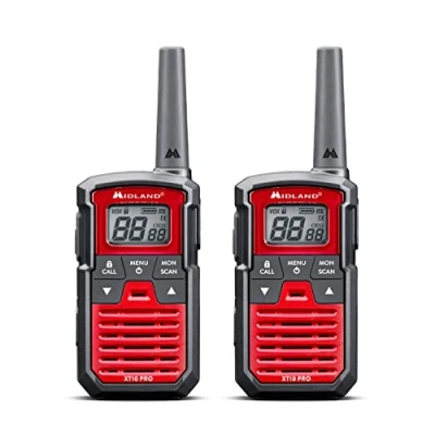 Imagen de Midland XT10 PRO Doble, Walkie Talkie Profesional, 16 Canales PMR446 y Canal RRM, 38 Tonos CTCSS, Resistente a Salpicaduras, Recargable por USB (no incluido), Alcance 4 Km, Rojo/Negro, 2 Unidades