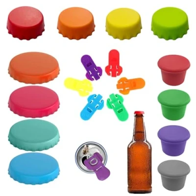 Imagen de Tapon Botella Vino Silicona, Tapones de Botellas Agua con 6 Abridores Latas Cerveza Reutilizables para Vino, Cerveza, Champán, Aceite, Jugo