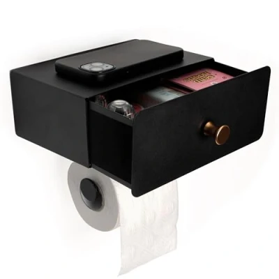 Imagen de Belle Vous Estante Portarrollos de Papel Higienico Soporte Porta Rollos Negro con Cajón para Accesorios Baño Dispensador Portarollos Adhesivo Rollo Higiénico WC