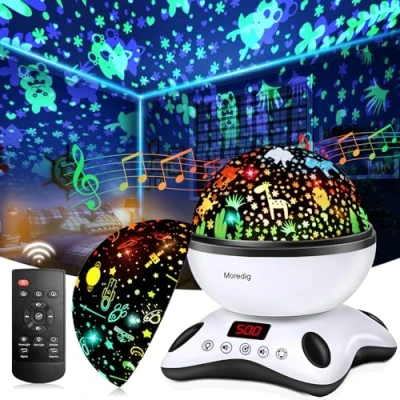 Imagen de Moredig Lampara Proyector Estrellas Bebe, 360 Rotación Bebes Luces y Musica con Temporizador Control Remoto, 8 Modos Romántica, Perfecto Regalo Navidad para Bebés, Niños Negro