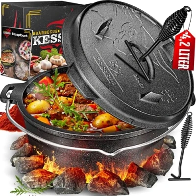 Imagen de KESSER® Juego de Horno holandés para Barbacoa, 12 litros, Olla Hoguera con Posavasos Acero Inoxidable, Hierro Fundido Elevador Tapa, asa y Ranura termómetro