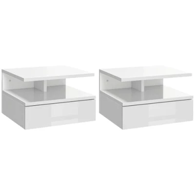 Imagen de HOMCOM Juego de 2 Mesitas Noche Flotantes Colgantes con 1 Cajón y Estante Abierto para Dormitorio 35x32x22,5 cm Blanco Brillo