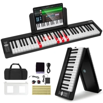 Imagen de VEVOR Teclado de Piano Plegable 61 Teclas Bluetooth y Midi Electrónico Digital Portátil con Pedal Sostenido Iluminadas Recargable para Principiantes, Adolescentes, Adultos, Negro