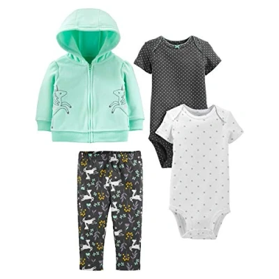 Imagen de Simple Joys by Carter&#039;s 4 Piece Jacket, Pant, and Bodysuit Set Juego de Canastilla, Blanco Copo Nieve/Negro Lunares/Verde Menta Unicornio/Floral, 12 Meses para Bebés