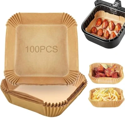 Imagen de 100 Piezas Papel Pergamino para Freidora de Aire, Grado Comida Horno 20cm Antiadherente Desechable, Cocinar, Microondas