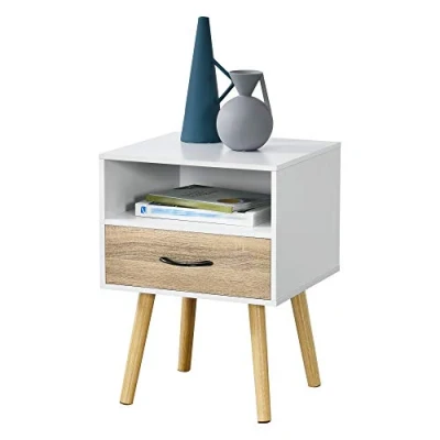 Imagen de [en.casa] Mesa Auxiliar Gävle Elegante Mesilla de Noche con Cajón y un Compartimento Abierto para Dormitorio Salón Aglomerado 57 x 42 40 cm Blanco/Efecto Roble