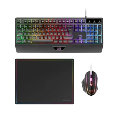 Imagen de MARSGAMING MCP124, Combo Gaming 3en1, Teclado Ergonómico H Mech LED RGB, Ratón RGB 3200DPI Switches HUANO, Alfombrilla Nanotextil 360x260mm, Compatibilidad Multiplataforma, Layout Portugués, Negro