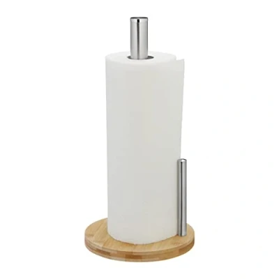 Imagen de Relaxdays Portarrollos Cocina Vertical, Bambú y Acero Inoxidable, Soporte Rollos con Tope, 33 x 16 cm, Natural/Plateado