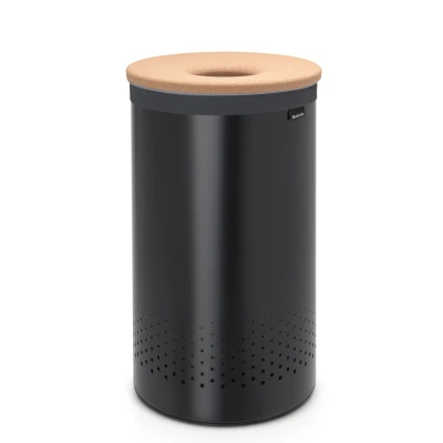 Imagen de Brabantia Cubo para la ropa sucia Tapa de corcho Bolsa portátil en el interior Apertura rápida Cesto con agujeros ventilación Fondo que no se raya Negro mate 60L