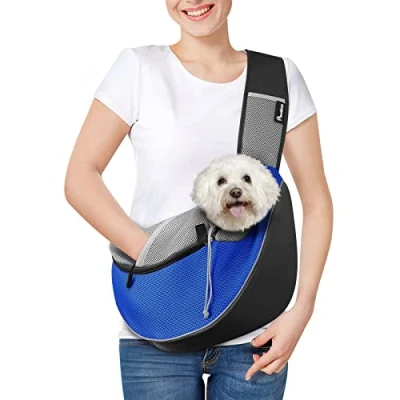 Imagen de Pawaboo Bolso Bandolera para Perros, Bolsa Portátil Mascotas con Correa Ajustable y Bolsillos, de Mensajero Transpirable Cómoda Cachorros Gatitos Viajar, L, Azul