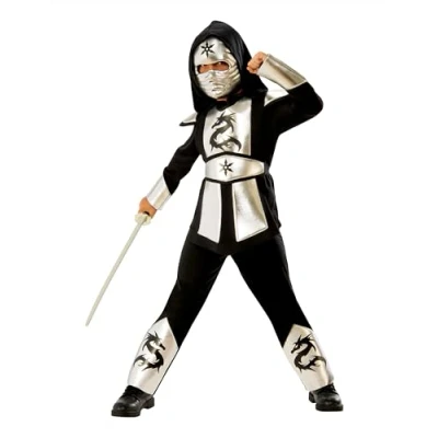 Imagen de Rubies Disfraz Dragon Ninja Silver para niño, Camisa con capucha, pantalones, cinturón y máscara, Oficial Carnaval, Cumpleaños, Halloween Navidad