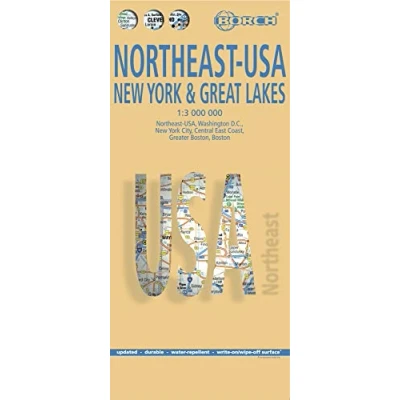 Imagen de EE.UU. Noreste Estado de NY &amp; Grandes Lagos, mapa carreteras plastificado. Escala 1:3.000.000. Borch.: Washington DC, New York City, Central East Coast, Greater Boston, Boston (Borch Map)