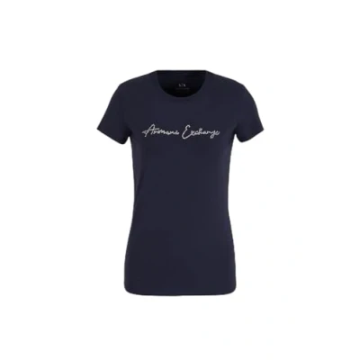 Imagen de Armani Exchange Rhinestone Script Logo Cotton Crewneck T Shirt Camiseta, Blueberry Jelly, S para Mujer