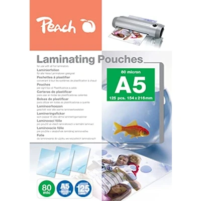 Imagen de Peach Láminas para plastificar A5 80 micras 125 bolsas brillante Calidad premium mejores resultados de laminación Compatible con todos los fabricantes marcas PP580 03P