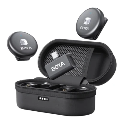 Imagen de BOYA Micrófono Lavalier inalámbrico para iPhone Android con receptor USB C, cancelación de ruido, batería 30 horas duración funda carga, rango 164 pies, micrófonos inalámbricos