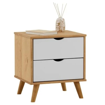 Imagen de IDIMEX Mesita de noche Colima, 2 cajones, madera maciza pino, ideal para camas con somier, color blanco y natural