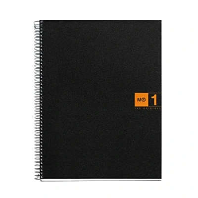 Imagen de Miquelrius Cuaderno Notebook The Original, Tamaño A4, 80 Hojas de 70 g/m² y 1 Franja Color, Rayado Cuadrícula 5 mm, 4 Taladros, Cubierta Polipropileno, Color Negro/Naranja