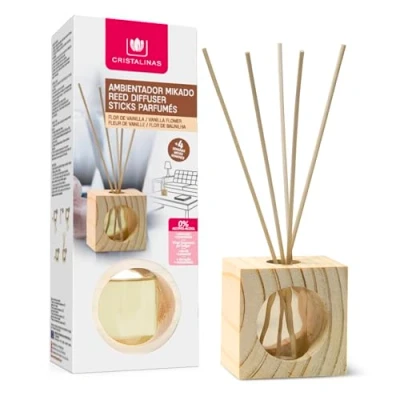 Imagen de CRISTALINAS Ambientador Mikado Cubo de Madera Aroma Vainilla 100% Puro Larga Duración 4 Semanas 30ml 0% Alcohol