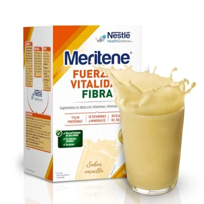 Imagen de Meritene Fuerza y Vitalidad Fibra Sabor Vainilla para tus Músculos, ti Solución Nutricional Adultos con Fibra, Proteínas, Vitaminas Minerales 14 Sobres 490 gr