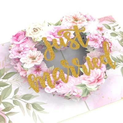 Imagen de MOKIO® Tarjeta de boda Pop Up Just married felicitación 3D para regalo matrimonio o luna miel, «Recién casados» emergente la ceremonia