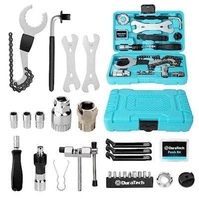 Imagen de DURATECH 31 Piezas Juego de Reparación Bicicleta, Maletín Herramientas para Neumáticos y Cadenas, Extracción Pedales del Eje Central, Reparar Bicicleta