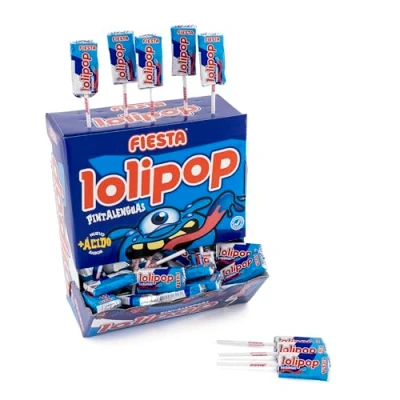 Imagen de FIESTA Lolipop Pintalenguas Caramelo Masticable con Palo Sabor Sandía Caja de 100 unidades