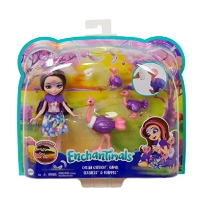 Imagen de Enchantimals Sunny Savanna Muñeca Ofelia Ostrich con familia de avestruces mascota juguete (Mattel GTM32)
