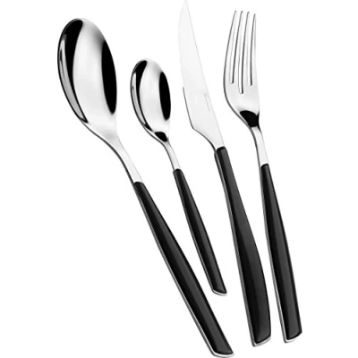 Imagen de Cubertería BUGATTI, Glamour, 24 piezas en Acero Inoxidable 18/10 y mango color PIANO BLACK. Juego de cubiertos para 6 personas compuesto por cucharas, tenedores, cuchillos cucharas café