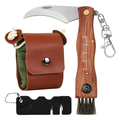 Imagen de Wisebom Navaja Setas, Champiñon Acero Inoxidable Cuchillo para Hongos con Cepillo y Regla Setera Pequeña Exterior Camping Plegable Hoja Curva (Verde)