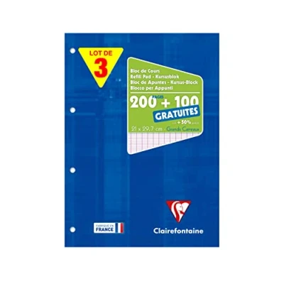 Imagen de Clairefontaine 65819AMZC Lot de 3 Blocs Cours Encollés Perforés A4 21x29,7 cm 200 Pages + 100 gratuites Grands Carreaux Papier Blanc 90 g Couverture Carte Pelliculée