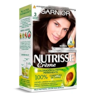 Imagen de Garnier Nutrisse Creme Coloración Nutritiva Permanente, Tinte 100% Cobertura de Canas con Mascarilla 4 Aceites Tono 3 Castaño Oscuro