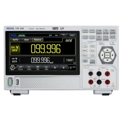 Imagen de RIGOL DM858 Multímetro digital portátil, TRMS de 5½ bits, precisión DCV del 0,03%, velocidad lectura 125 lecturas/s, pantalla táctil a color 7 pulgadas