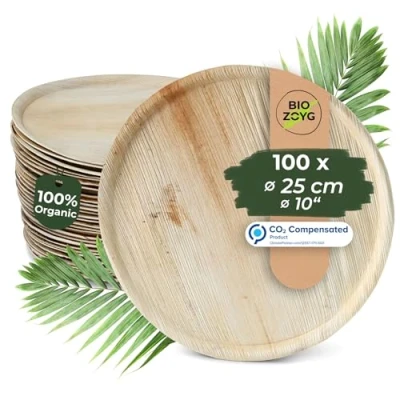 Imagen de BIOZOYG 100x platos de pizza hoja palma 25 cm diámetro tabla para desechable, compostable, sostenible vajilla fiesta