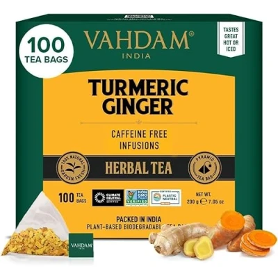 Imagen de VAHDAM, Turmeric Ginger Tisana (100 Piramidales Bolsitas De Té) Libre Cafeína Cúrcuma Y Jengibre, 100% Pura Natural Caliente, Frío O Como Kombucha