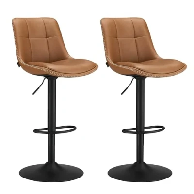 Imagen de VASAGLE Juego de 2 Taburetes Bar, Sillas Altas Giratorias Regulables en Altura, Acolchado PU, Cocina con Respaldo y Reposapiés, Comedor, Mostrador, Acero, Marrón Caramelo LJB095K01