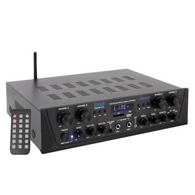 Imagen de Pyle PTA44BT Amplificador Bluetooth inalámbrico de 500 W, Audio estéreo 4 Canales, Receptor Potencia Sonido con Entrada AUX, FM, Altavoces subwoofer RCA, USB, micrófono