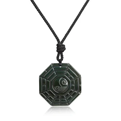 Imagen de COAI Collar para Hombres y Mujeres con Colgante Octogonal Ocho Trigramas de Taiji Obsidiana Negra Piedra Natural